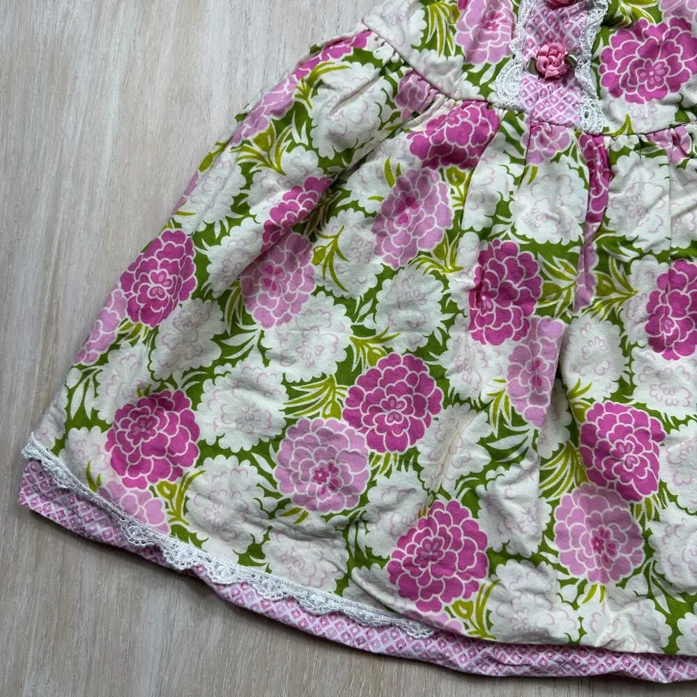 Haute Baby Pink Green Floral Cottagecore Lace Rosette Halter Sundress Dress 3T